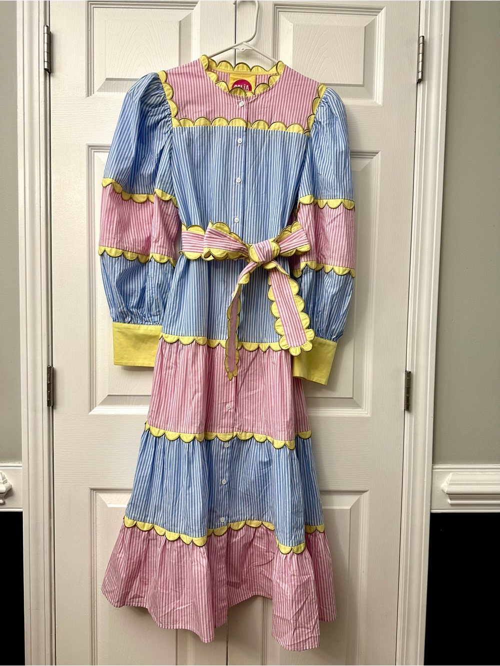 Medium CeliaB Pink Blue Striped Scalloped Maxi Dress with Yellow Trim